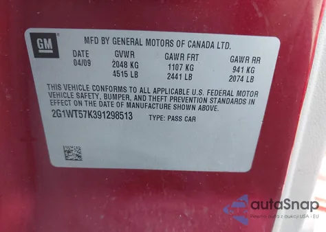 2009 Chevrolet Impala Lt from USA, damaged, VIN 2G1WT57K391298513
